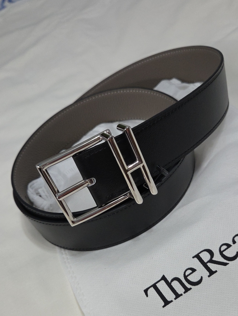 Hermes Men's Black & Gray Reversible Leather Belt Silver Square Buckle